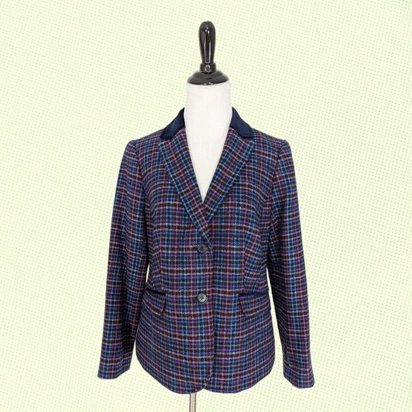 Talbots Petite Mistletoe‎ Plaid Two Button Blazer 8P Multicolor Shetland Wool - Picture 2 of 7
